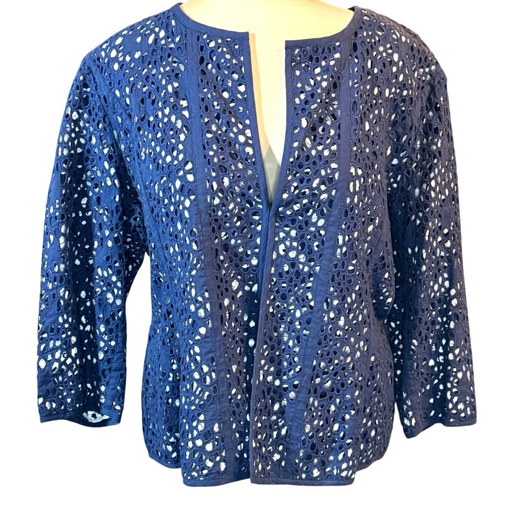 Chico’s Size 3 Navy Blue Eyelet Open Front Jacket - Linen